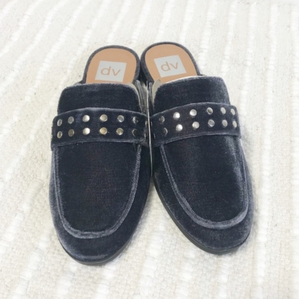 Velvet Mules Loafers Studded Charcoal Gray